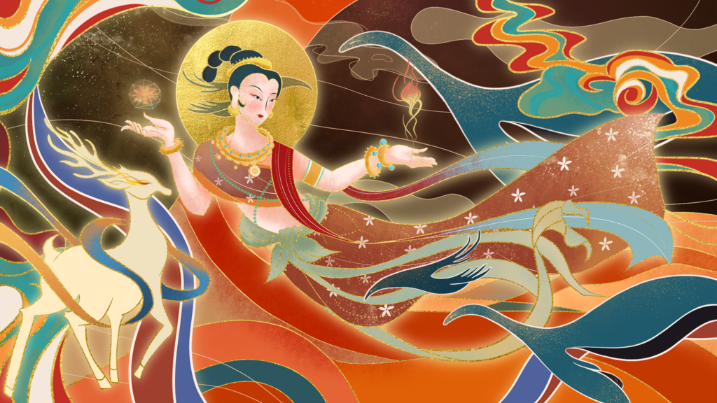 国潮敦煌飞天神话人物插画壁画