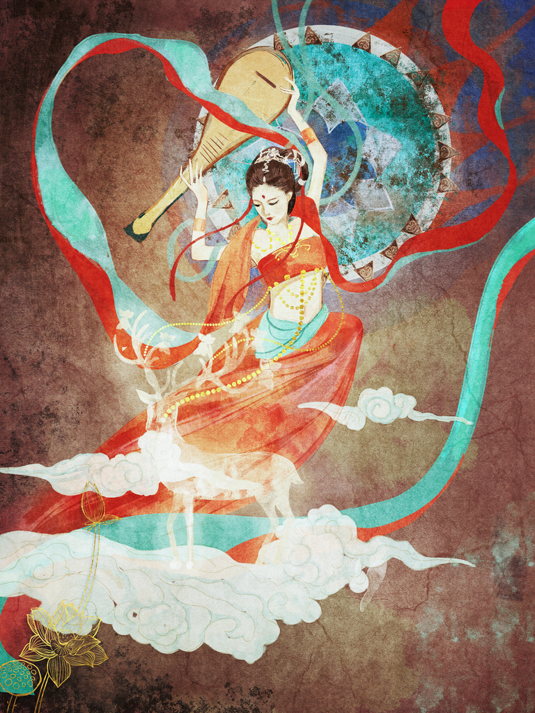 国潮敦煌飞天神话人物插画壁画
