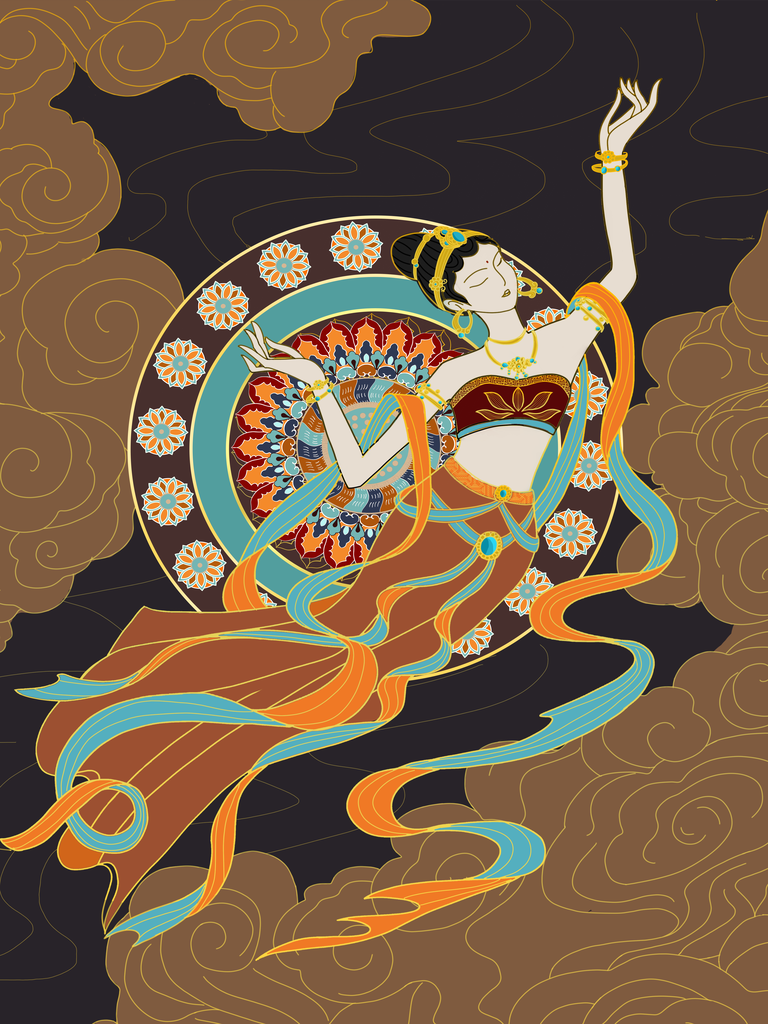 国潮敦煌飞天神话人物插画壁画