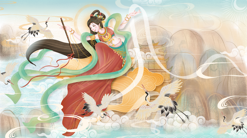 国潮敦煌飞天神话人物插画壁画