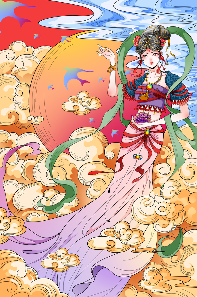 国潮敦煌飞天神话人物插画壁画