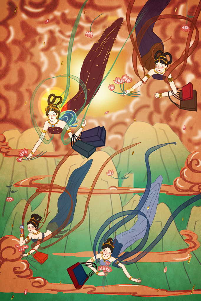 国潮敦煌飞天神话人物插画壁画