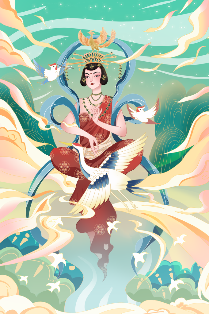 国潮敦煌飞天神话人物插画壁画