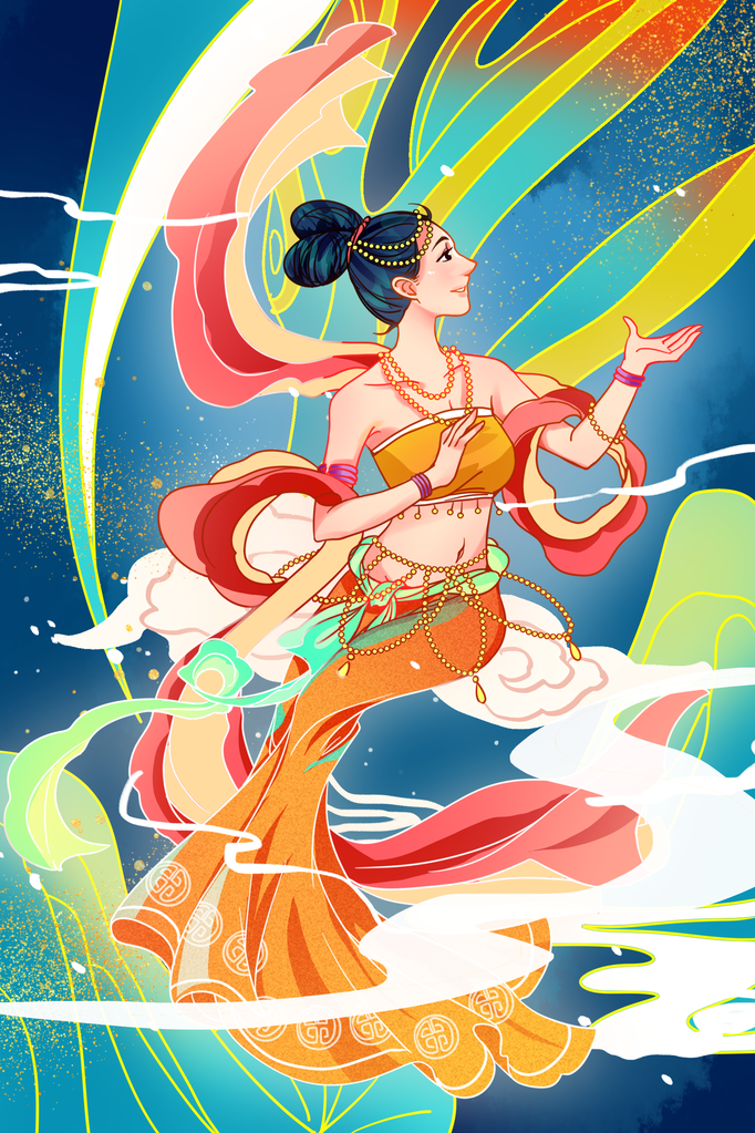 国潮敦煌飞天神话人物插画壁画