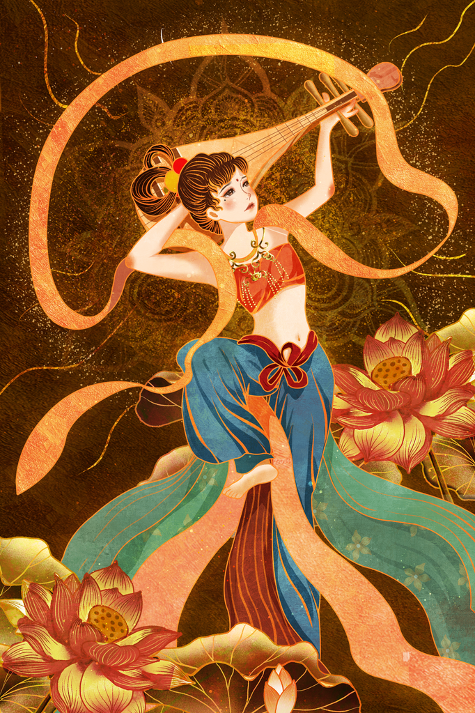 国潮敦煌飞天神话人物插画壁画