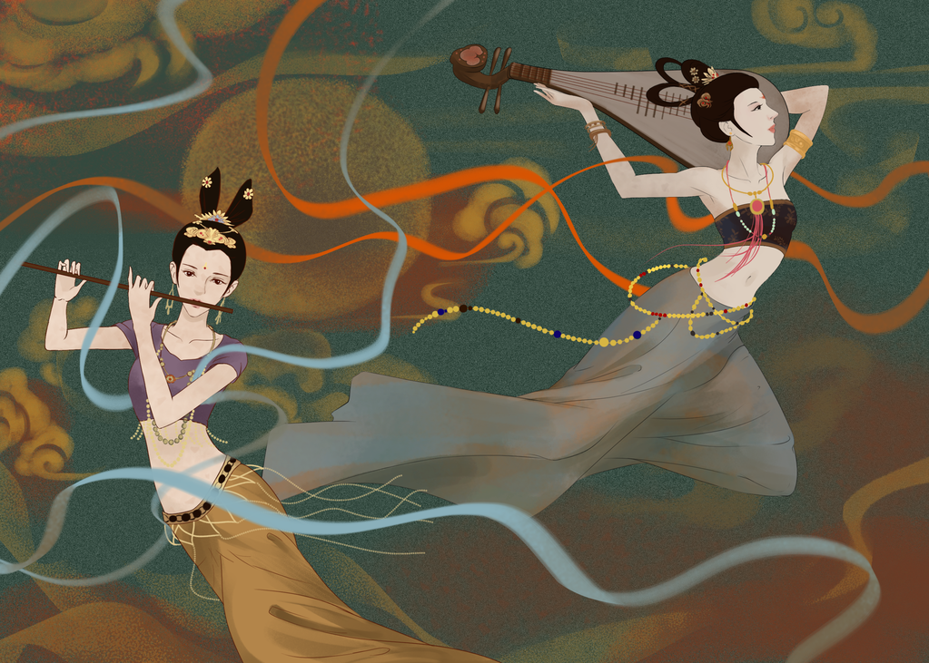 国潮敦煌飞天神话人物插画壁画