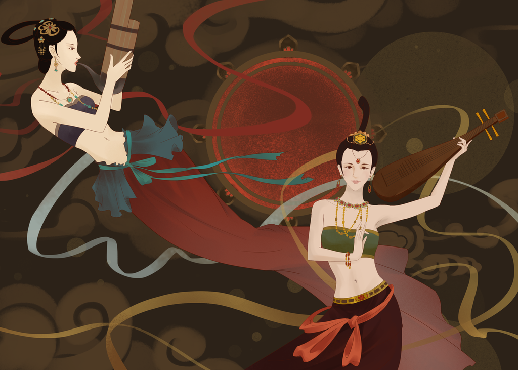 国潮敦煌飞天神话人物插画壁画
