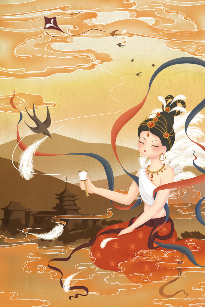 国潮敦煌飞天神话人物插画壁画