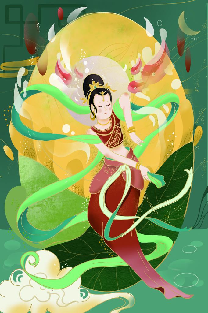 国潮敦煌飞天神话人物插画壁画
