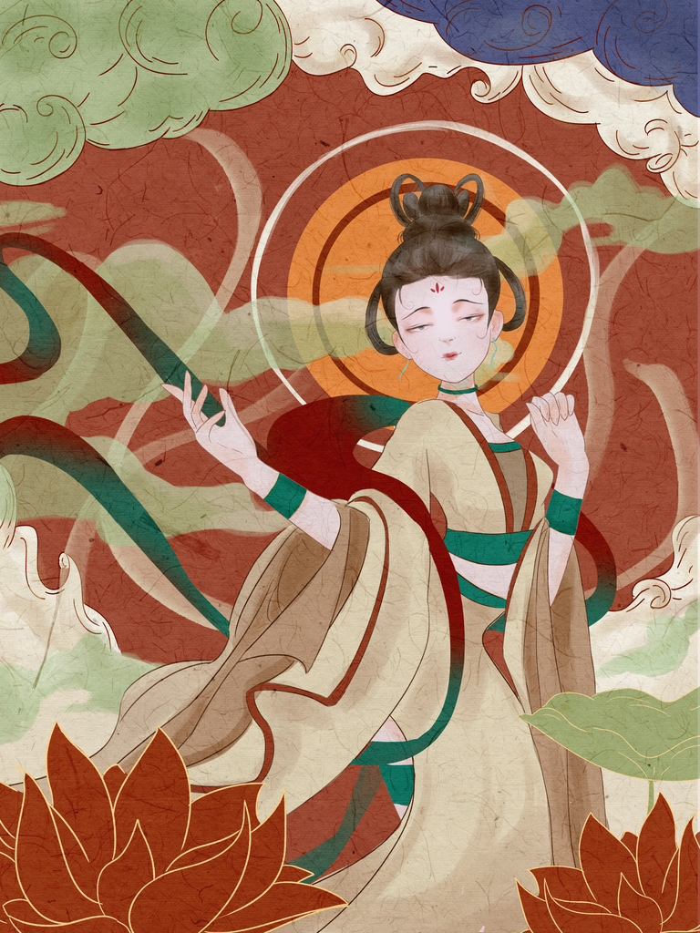 国潮敦煌飞天神话人物插画壁画