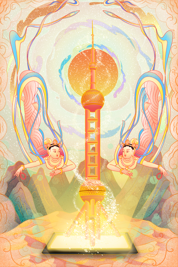 国潮敦煌飞天神话人物插画壁画