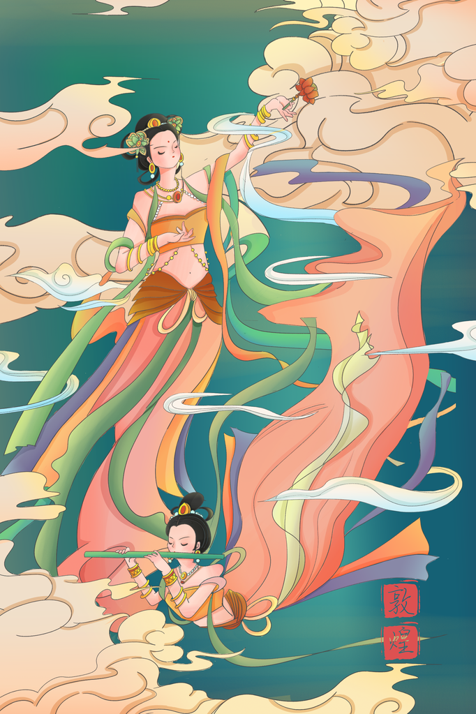 国潮敦煌飞天神话人物插画壁画