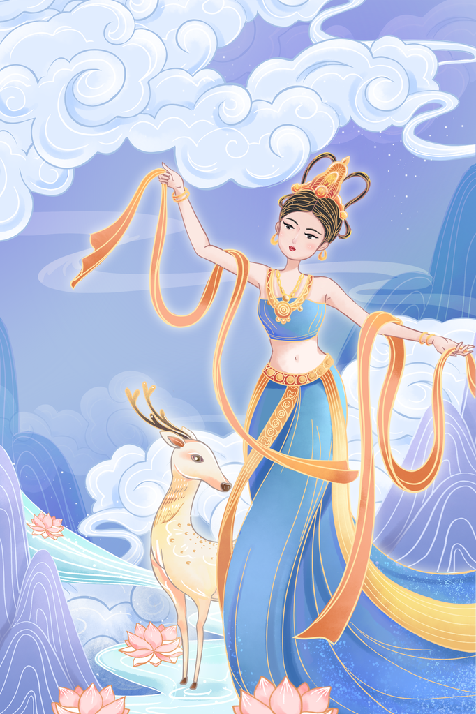 国潮敦煌飞天神话人物插画壁画