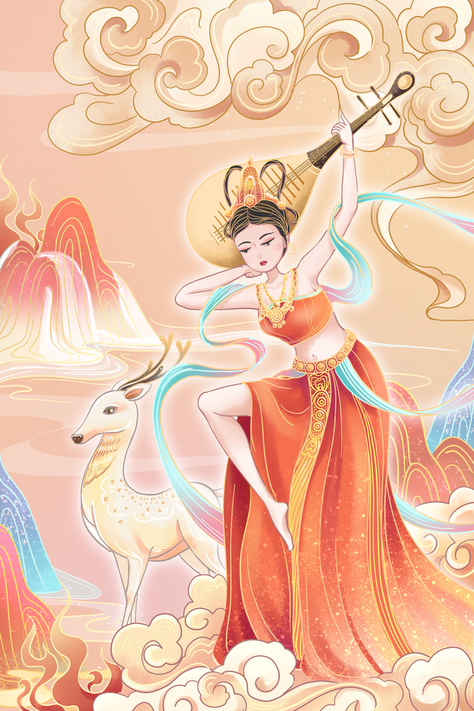 国潮敦煌飞天神话人物插画壁画