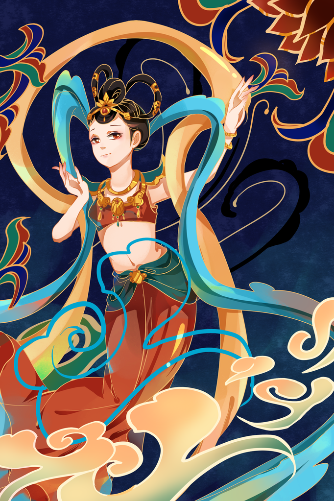国潮敦煌飞天神话人物插画壁画