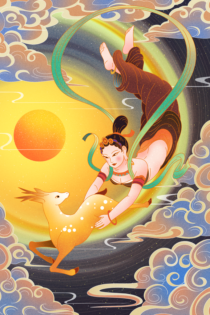 国潮敦煌飞天神话人物插画壁画