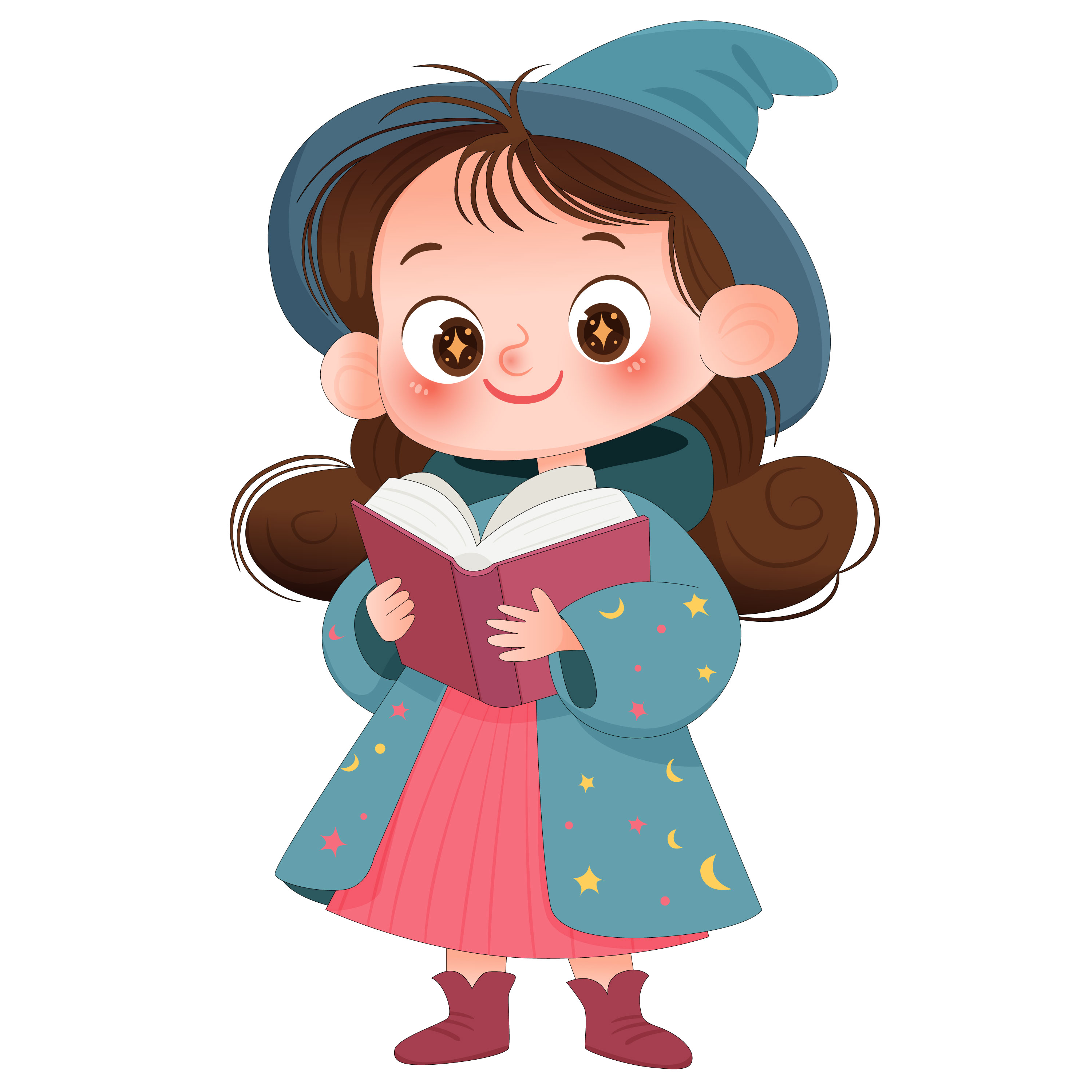 万圣节戴巫师帽看魔法书小女巫卡通儿童插画