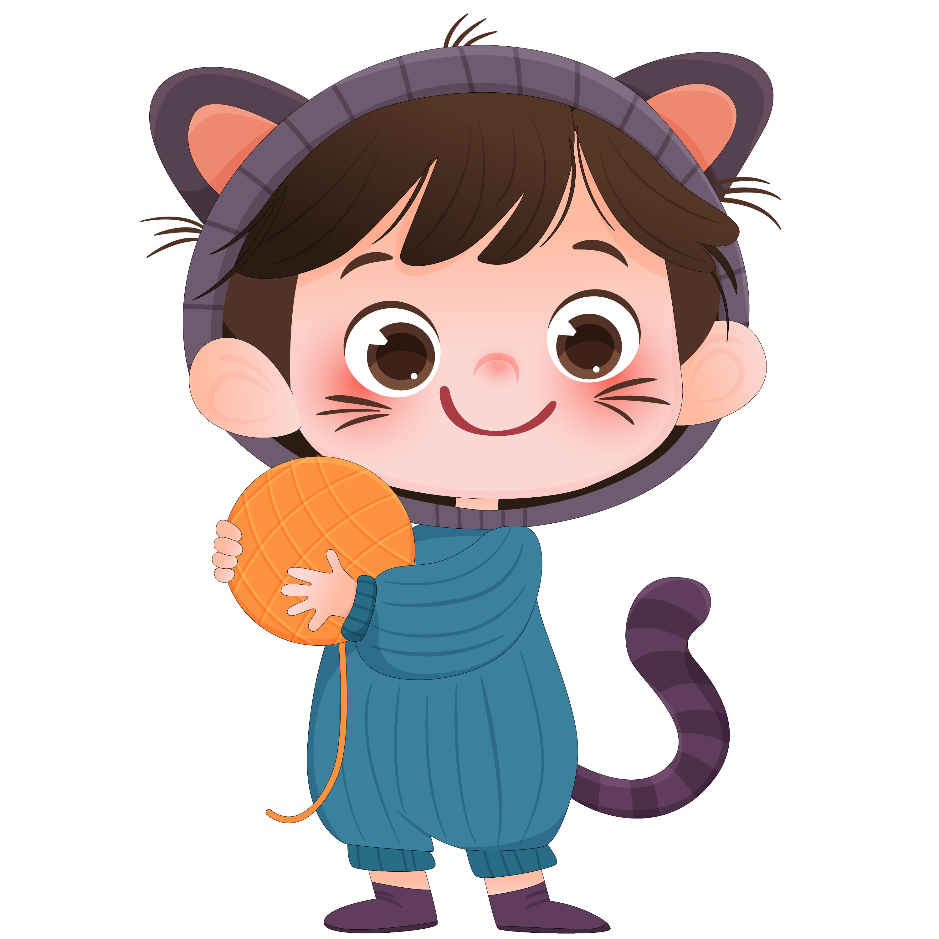 万圣节穿猫咪装玩毛线球小男孩卡通儿童插画