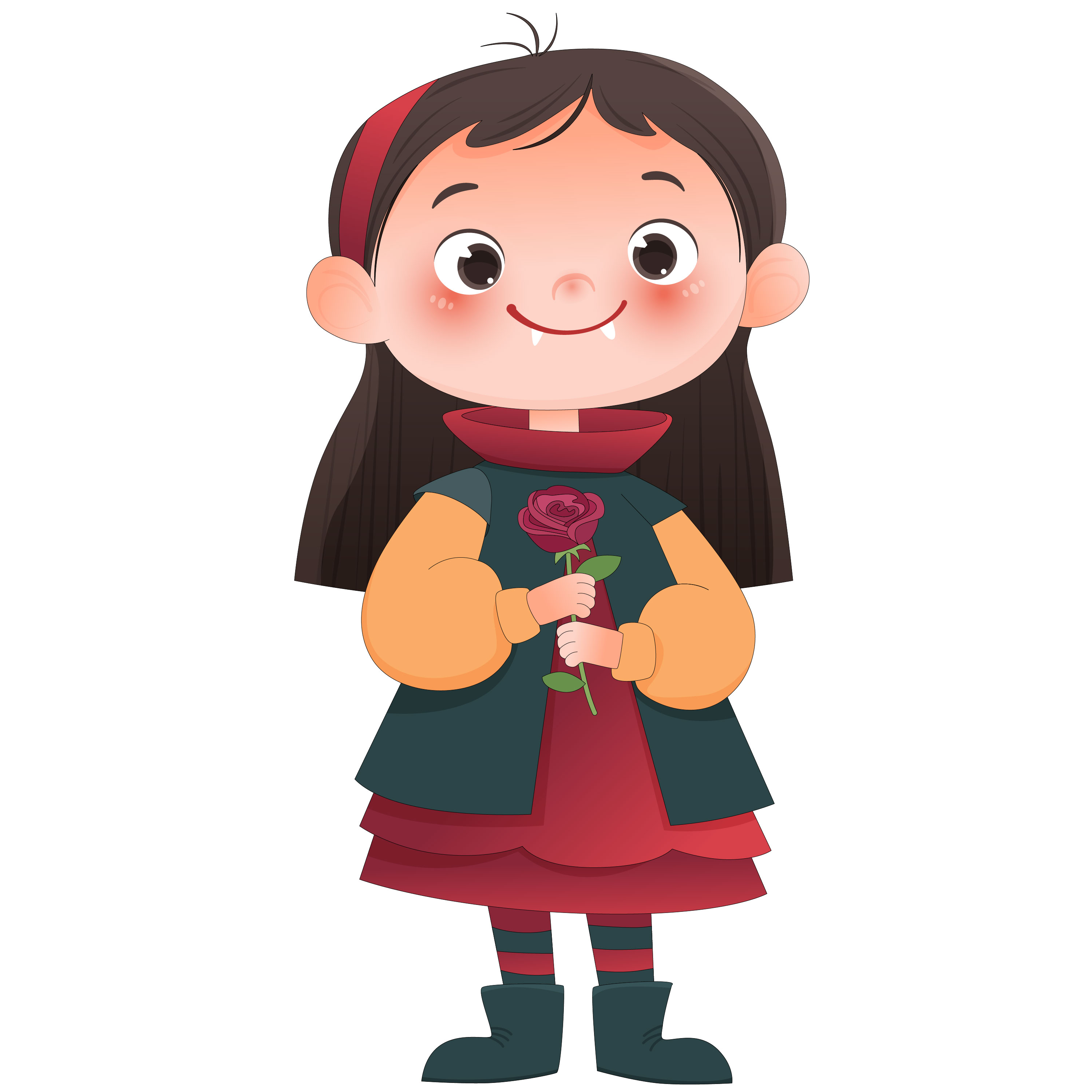 万圣节拿玫瑰吸血鬼可爱小女孩卡通儿童插画
