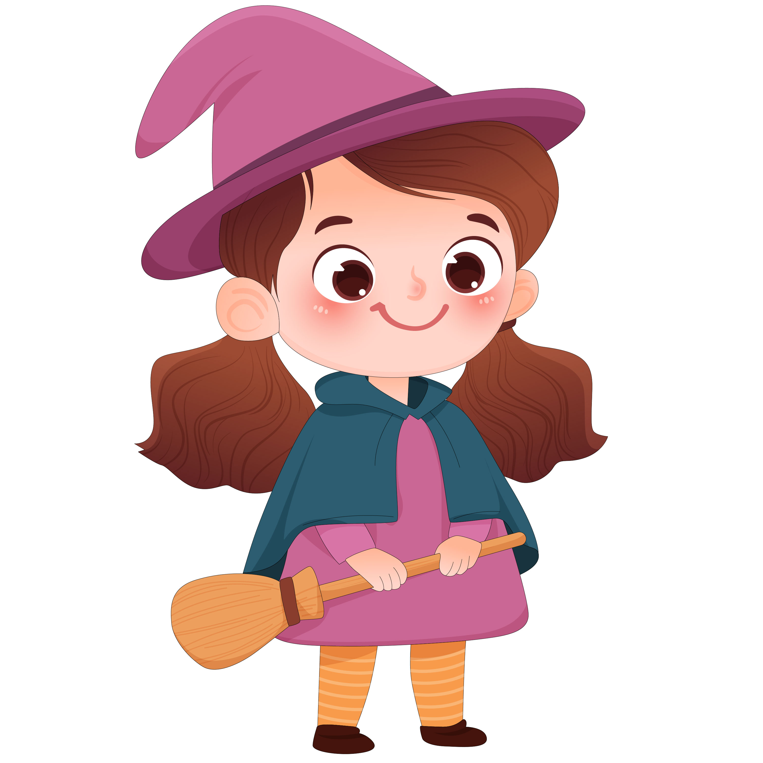 万圣节骑扫把可爱小女巫卡通儿童插画