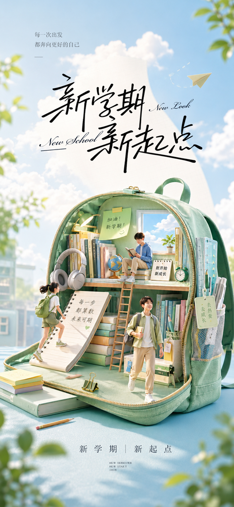 开学季蓝色人物插画海报