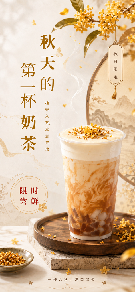 秋季桂花秋日第一杯奶茶创意海报