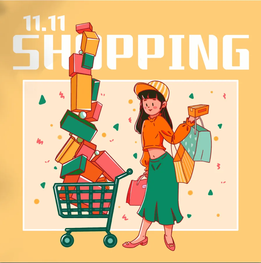 扁平化购物女孩双十一购物人物插画