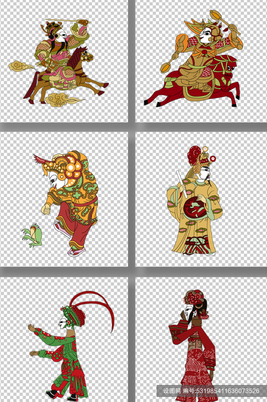 卡通武将门神版画皮影戏人物元素插画psd下载_编号531985411636073526-设图网